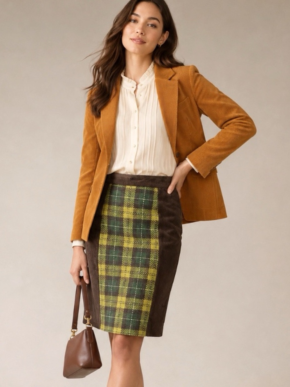 Anthropologie Maeve Plaid corduroy pencil skirt vintage 70s brown size 2